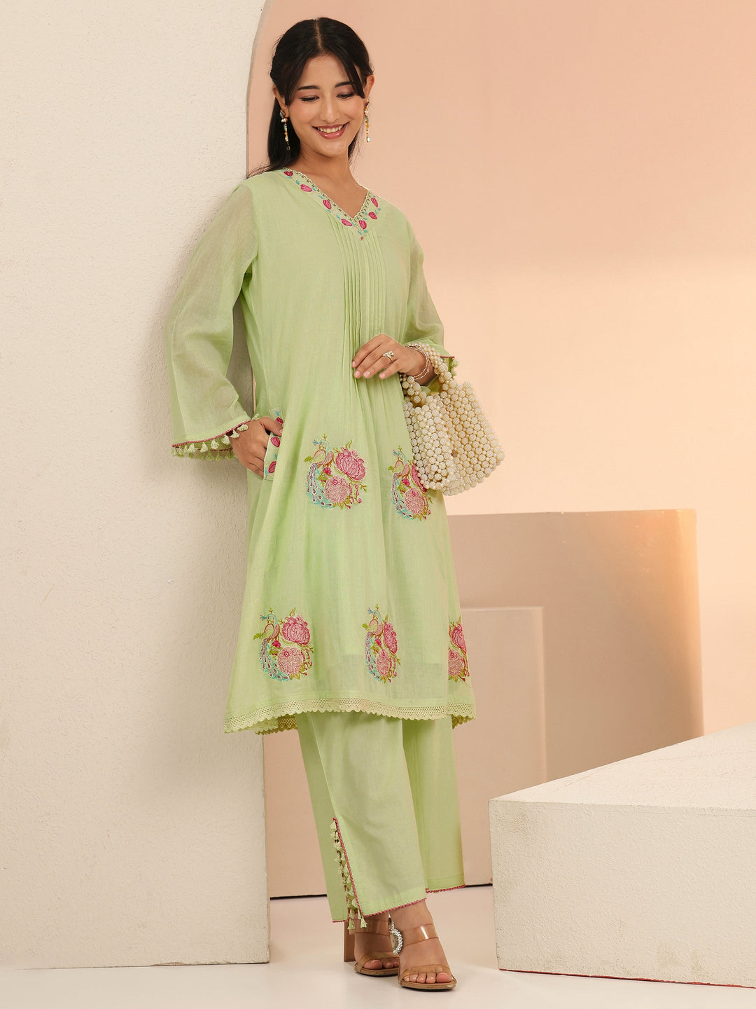 Libas Mint Green Peacock Motif Cotton A-Line Kurta Set