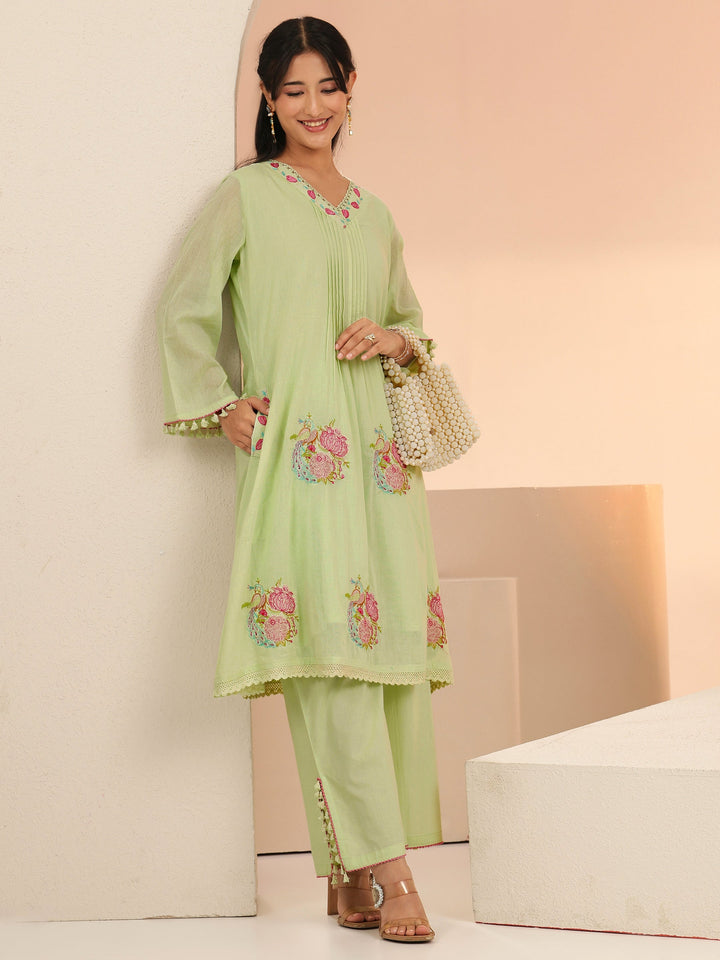 Libas Mint Green Peacock Motif Cotton A-Line Kurta Set