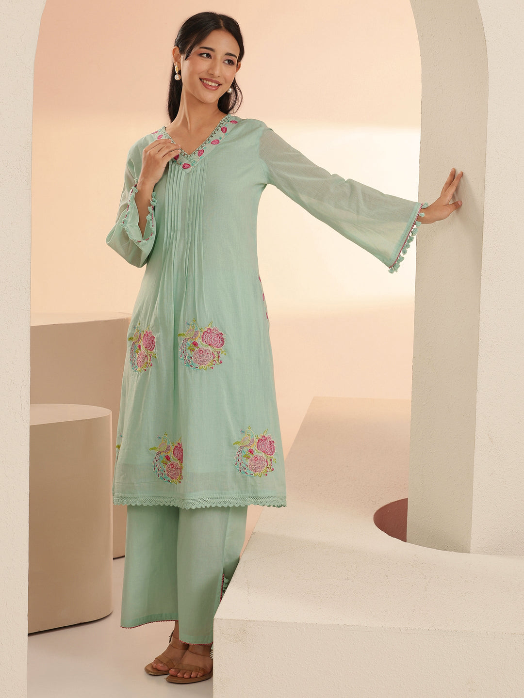 Libas Mint Green Peacock Motif Cotton A-Line Kurta Set