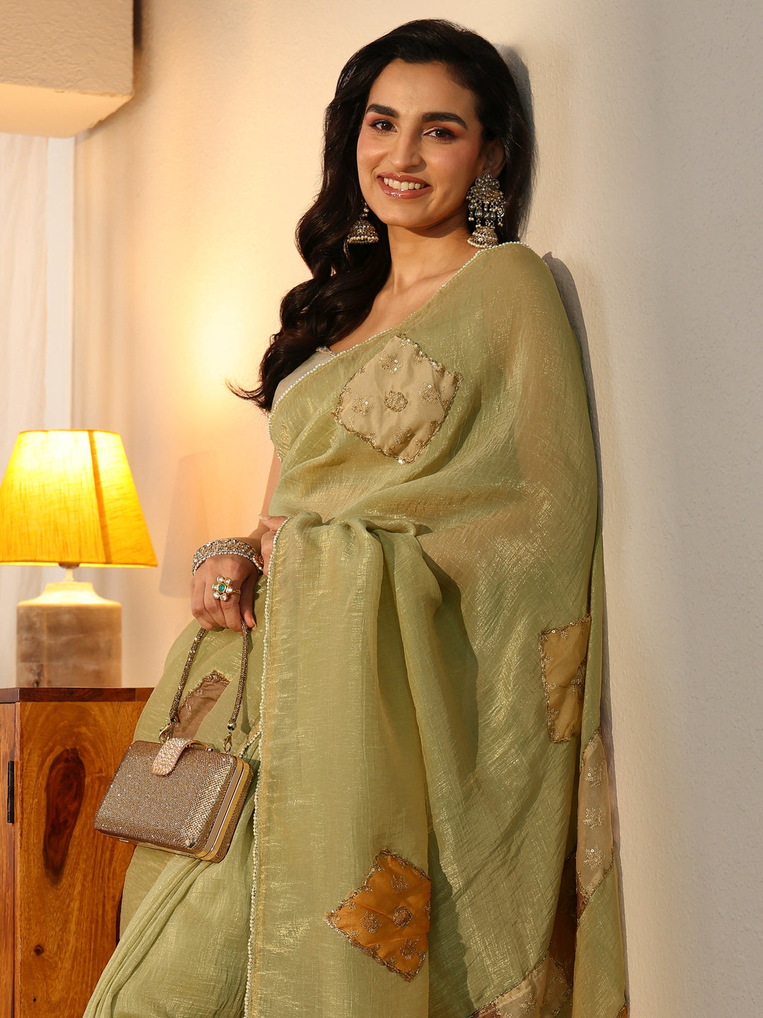 Libas Moss Green Applique Design Tissue Saree