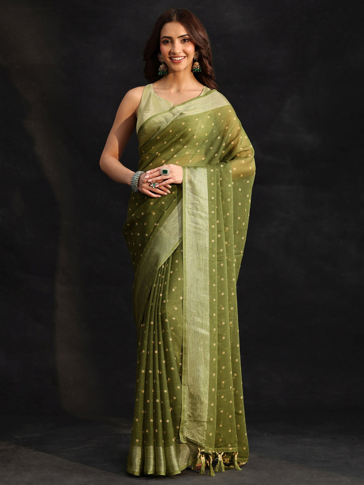 Libas Moss Green Floral Printed Chiffon Saree
