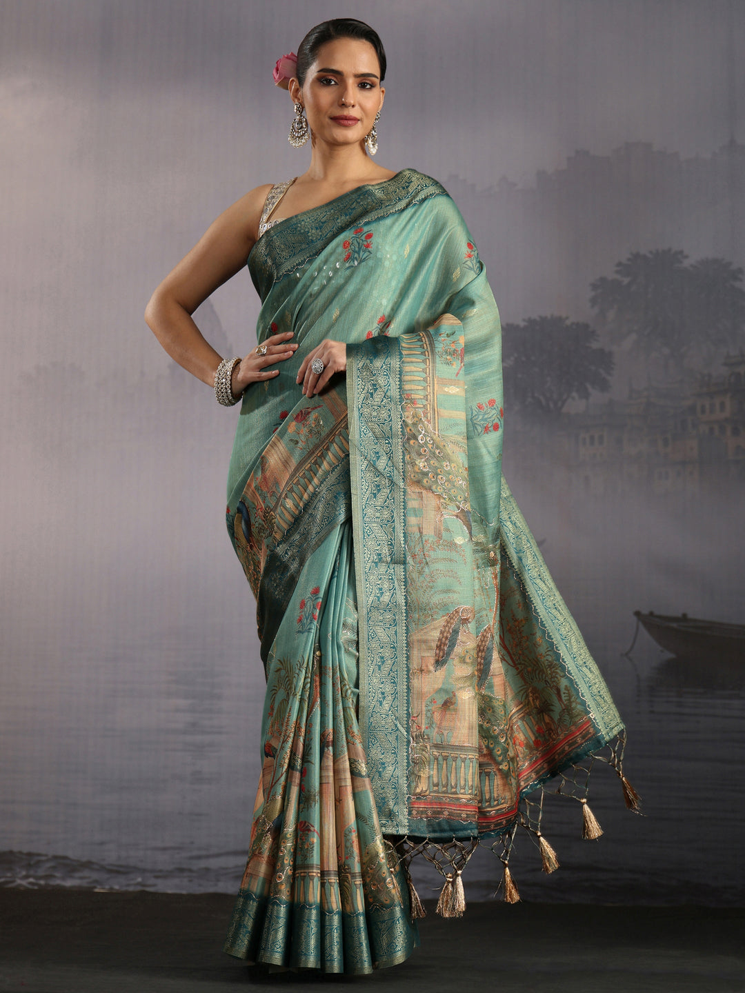 Libas Moss Green Printed Silk Blend Saree