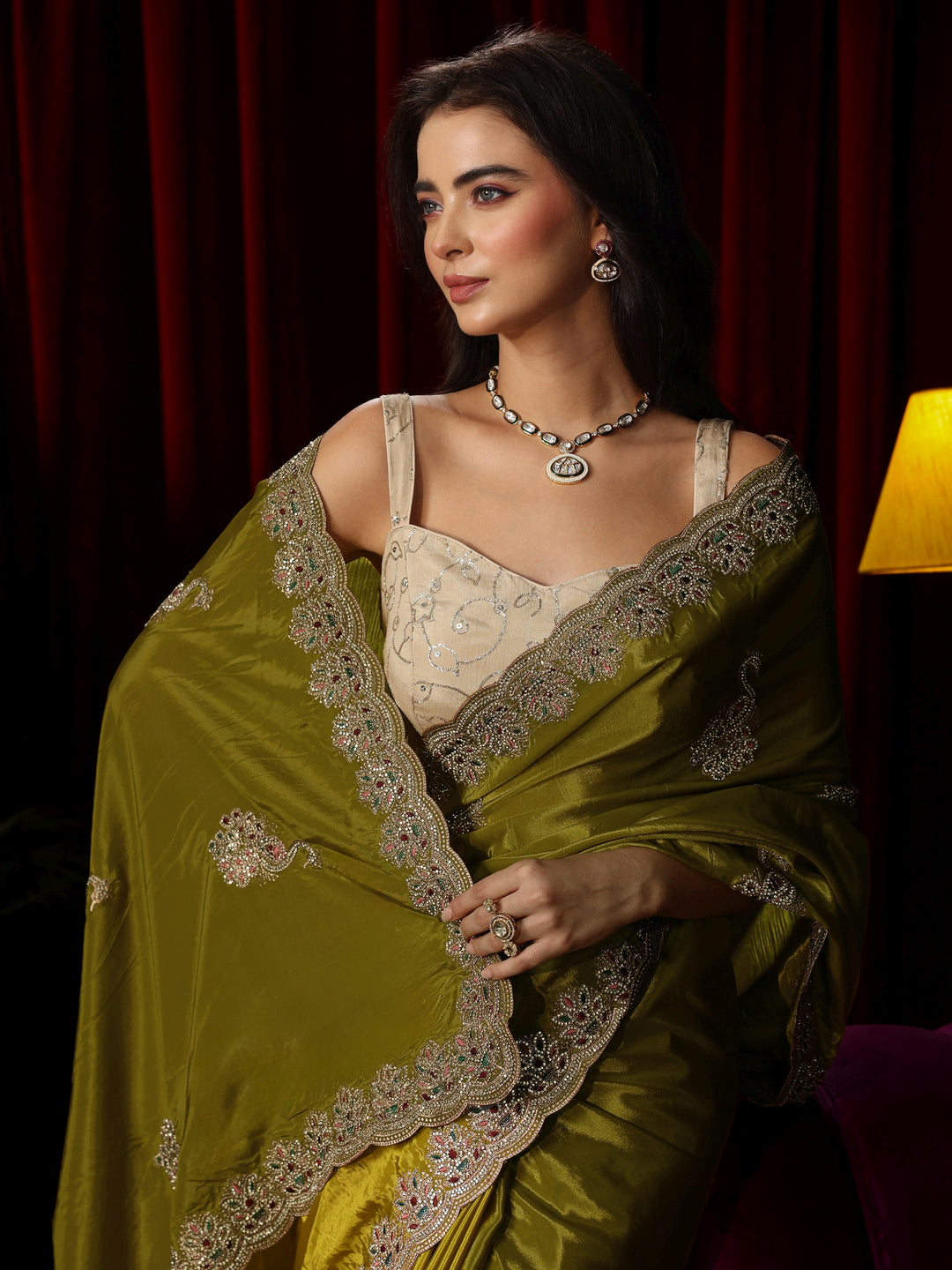 Libas Moss Green Stone Work Embellished Silk Blend Saree