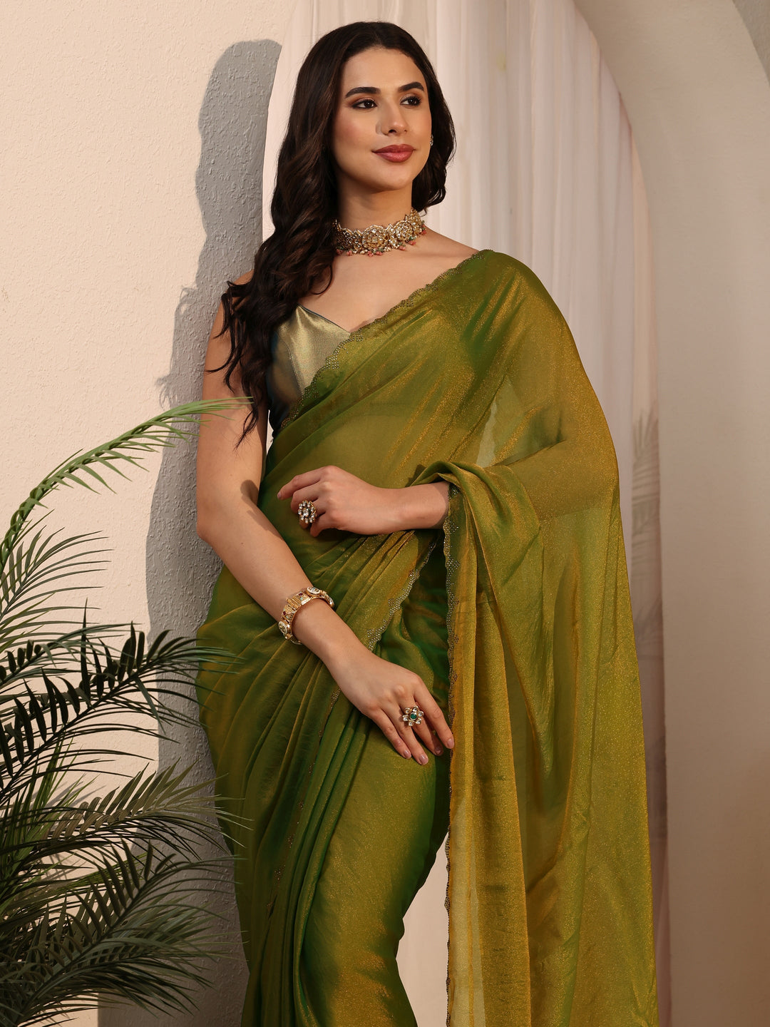 Libas Moss Green Tissue Saree with Embellished Border