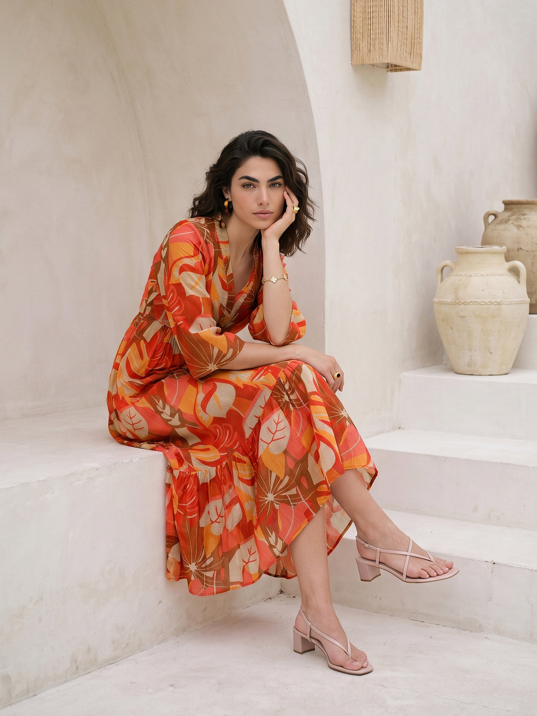 Libas Multi Color Tropical Printed Fit and Flare Chiffon Dress