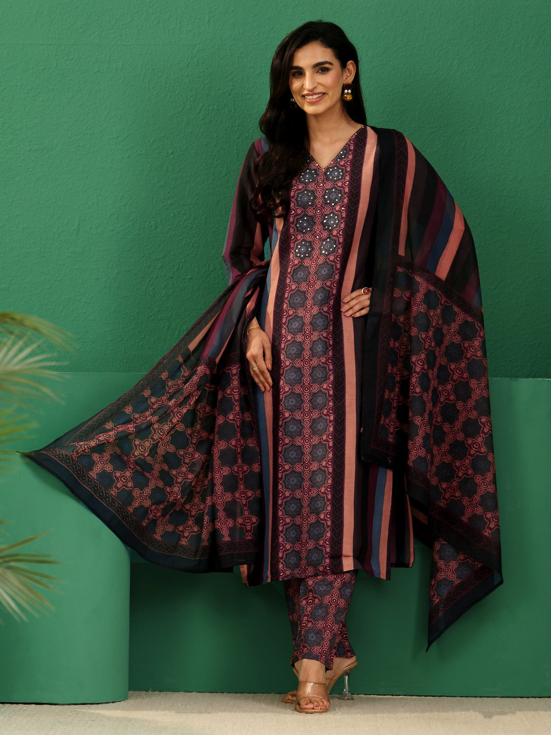 Libas Multi Colour Ajrakh Cotton Straight Suit Set