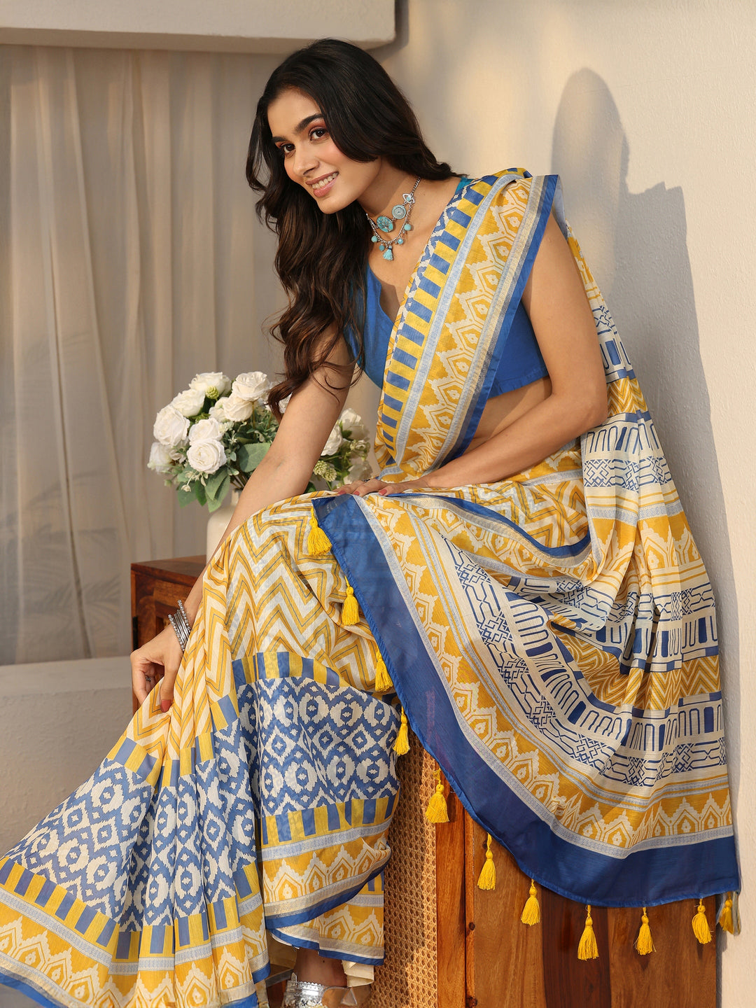 Libas Multi Colour Chevron Printed Cotton Blend Saree