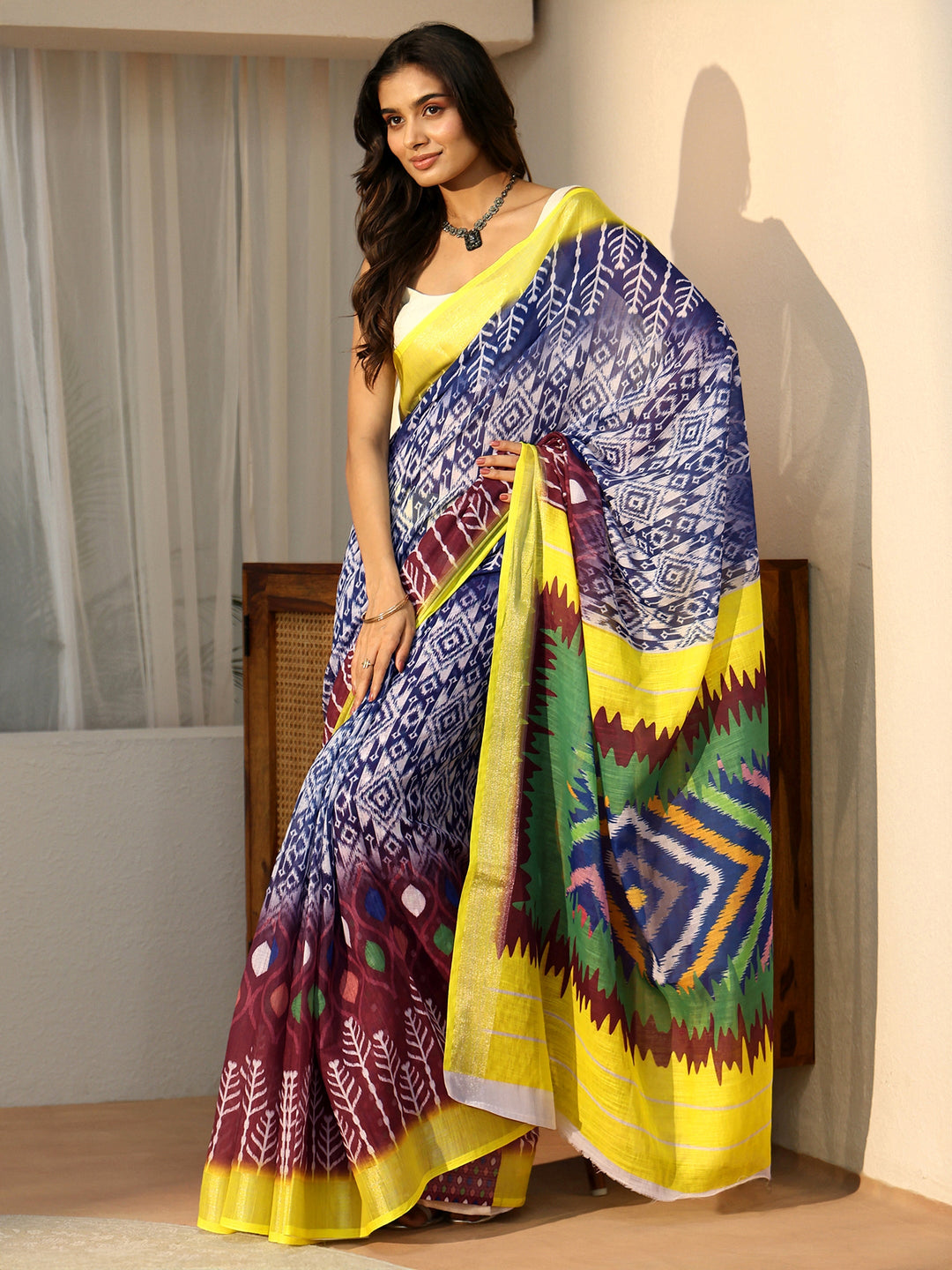 Libas Multi Colour Ikat Style Printed Cotton Blend Saree