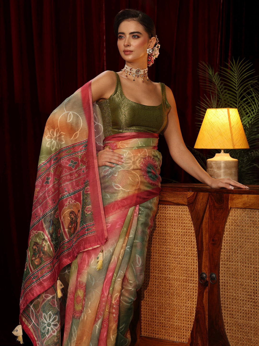 Libas Multi Coloured Floral Embroidered Silk Blend Saree