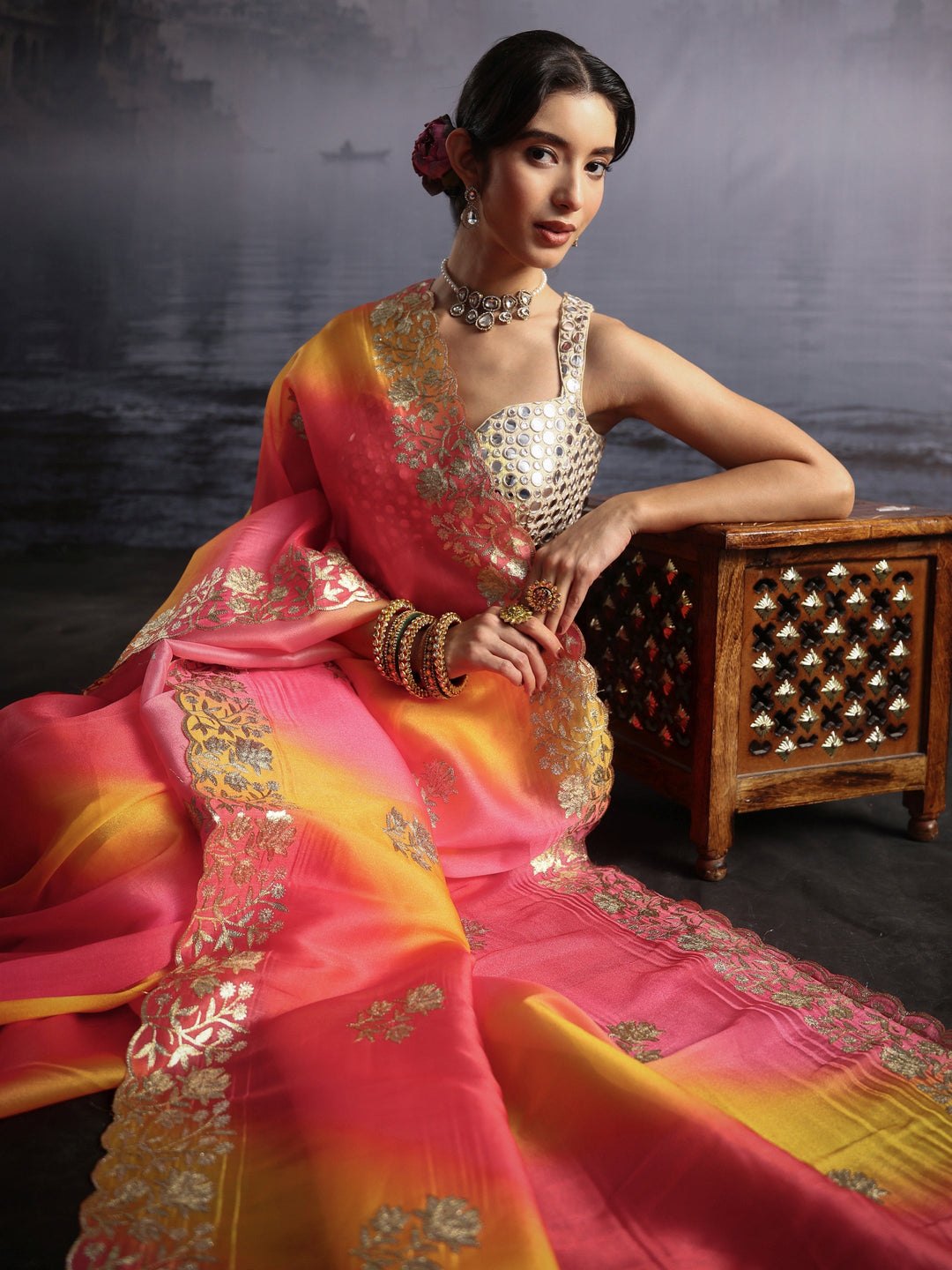 Libas Multi Coloured Floral Embroidered Tissue Saree