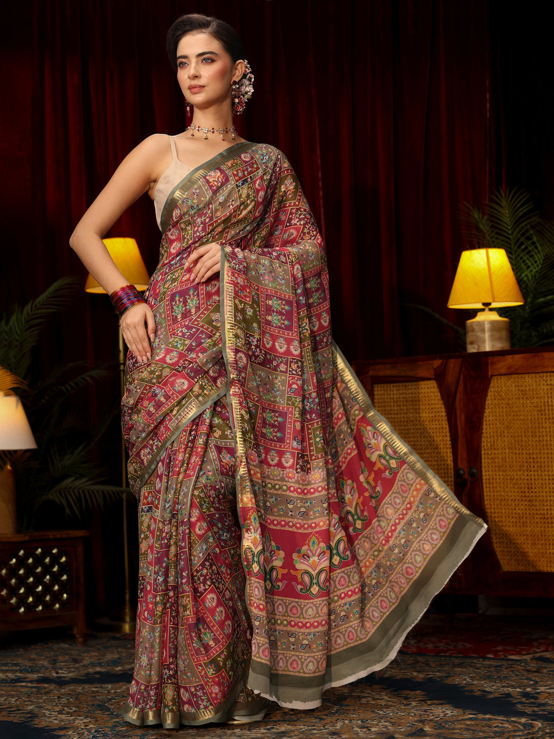Libas Multi Coloured Floral Printed Silk Blend Saree