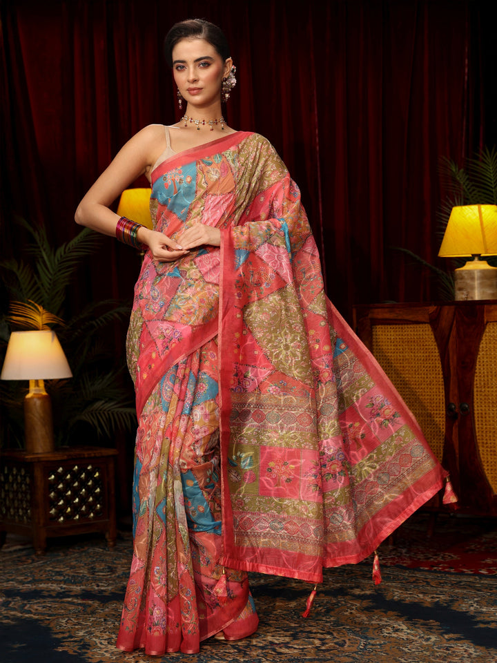 Libas Multi Coloured Floral Printed Silk Blend Saree