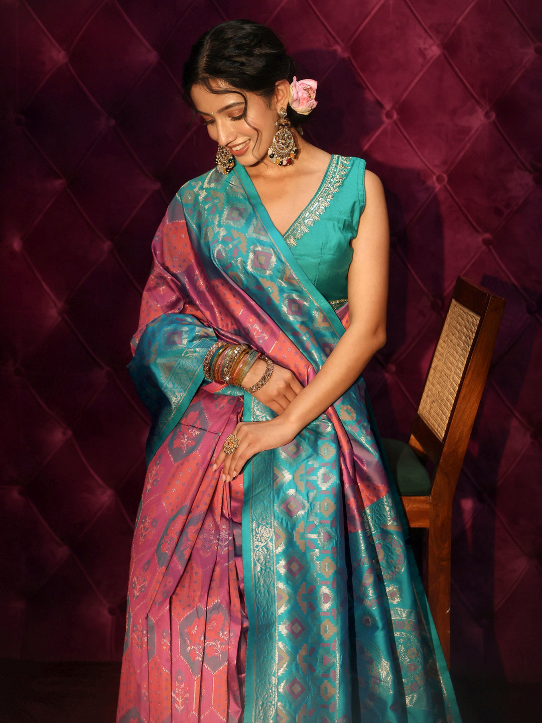 Libas Multicolour Ethnic Woven Design Silk Blend Tassel Saree