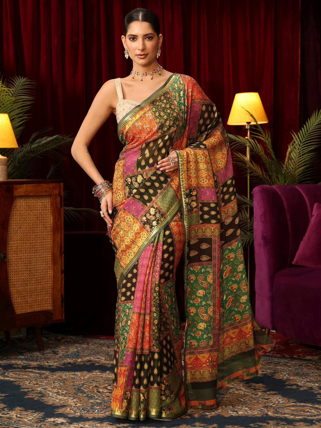 Libas Multicolour Patch Work Print Silk Blend Saree