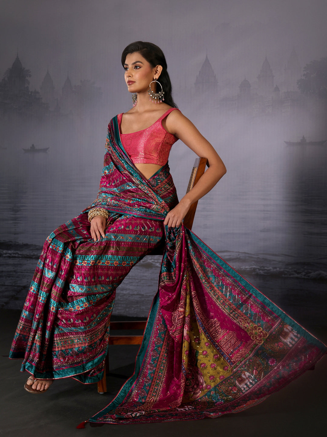 Libas Multicolour Print Sequined Satin Saree
