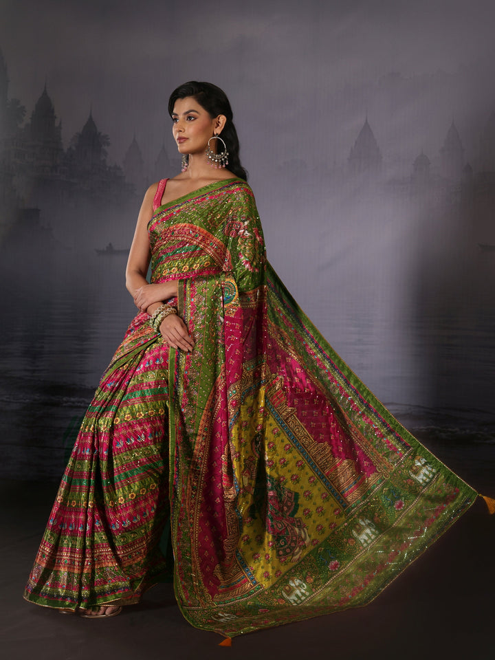 Libas Multicolour Print Sequined Satin Saree