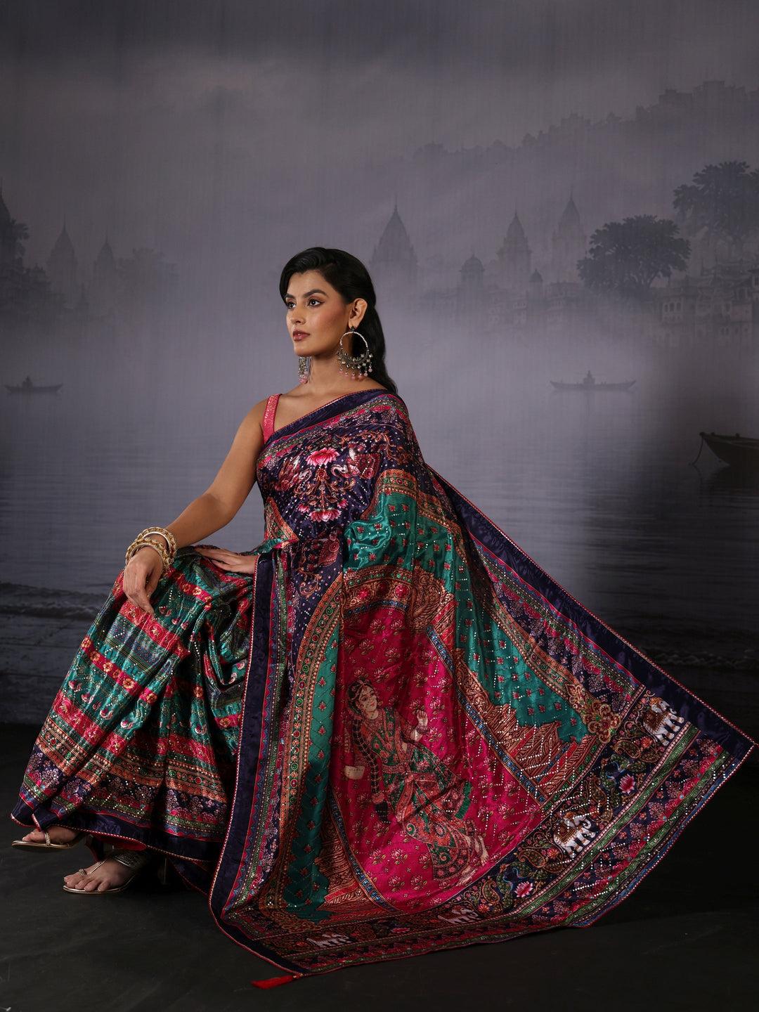 Libas Multicolour Print Sequined Satin Saree