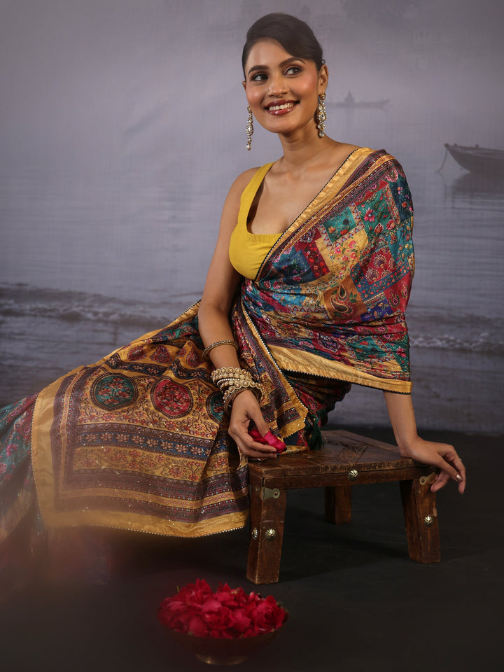 Libas Multicolour Printed Sequin Silk Blend Saree