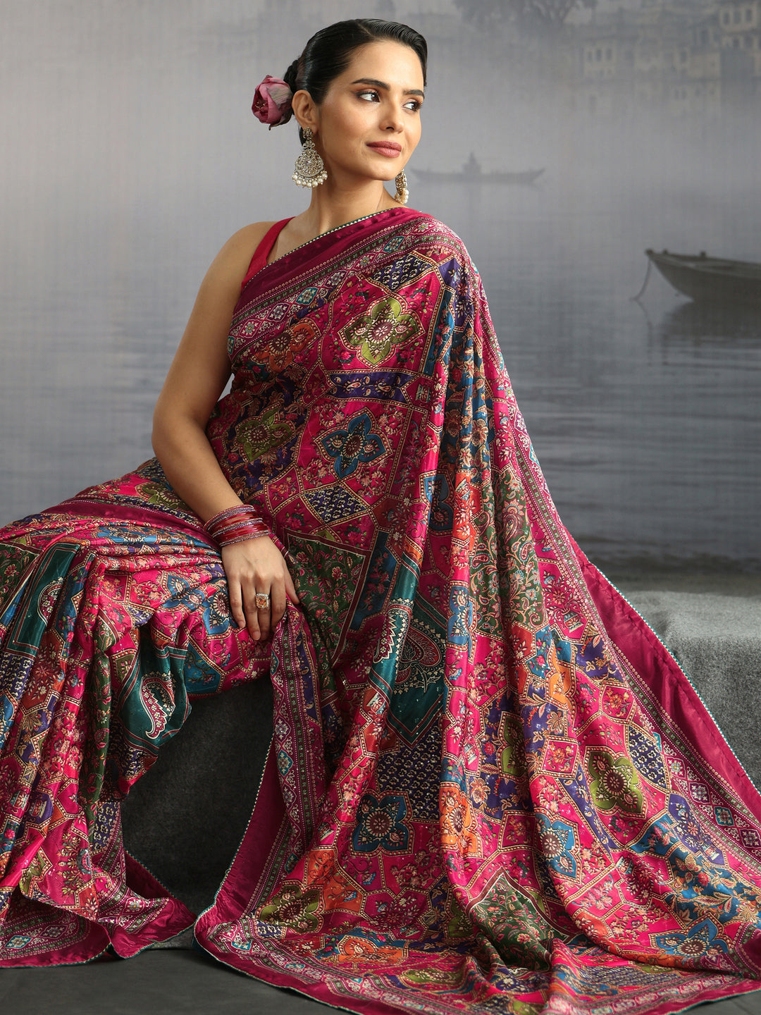 Libas Multicolour Printed Silk Blend Saree