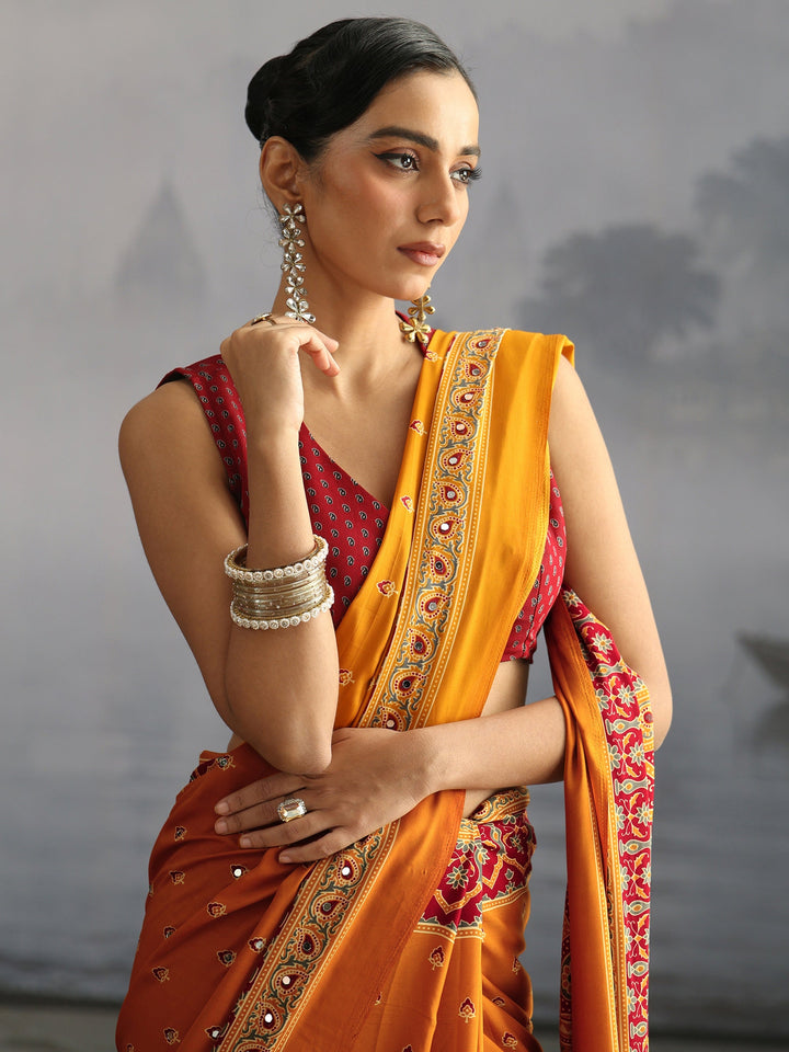 Libas Mustard Ajrakh Print Mirror Work Satin Saree