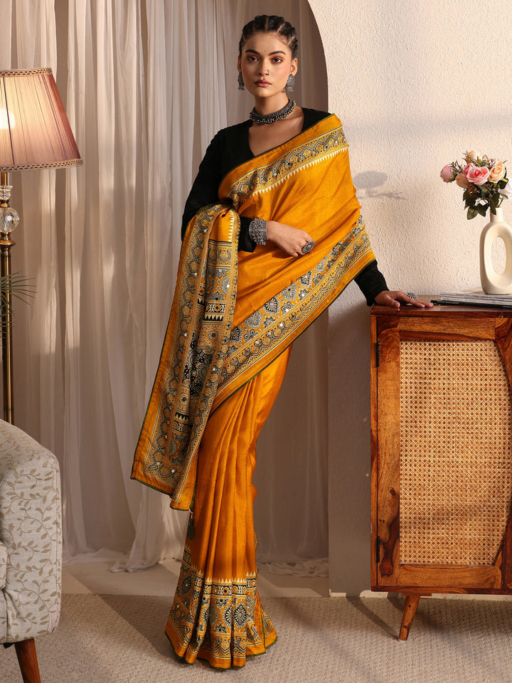 Libas Mustard Ajrakh Printed Mirror Work Silk Blend Saree