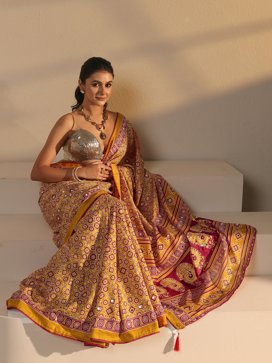 Libas Mustard Ajrakh Printed Silk Blend Saree