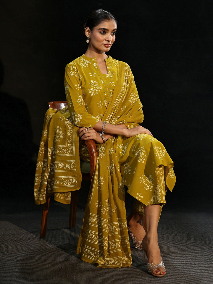 Libas Mustard Bandhani Cotton Straight Suit Set
