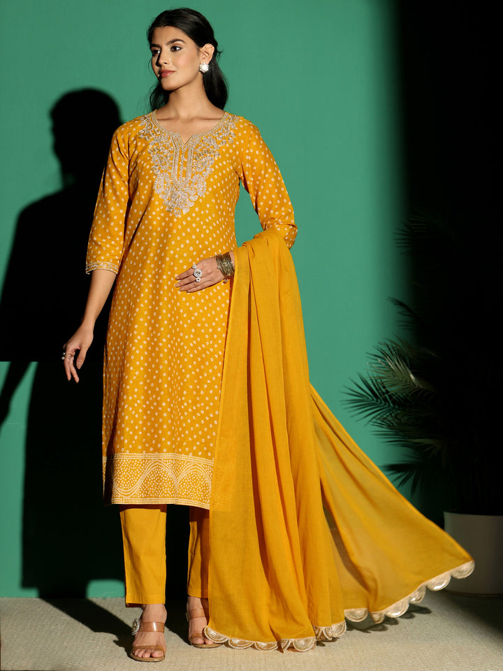 Libas Mustard Bandhani Cotton Straight Suit Set