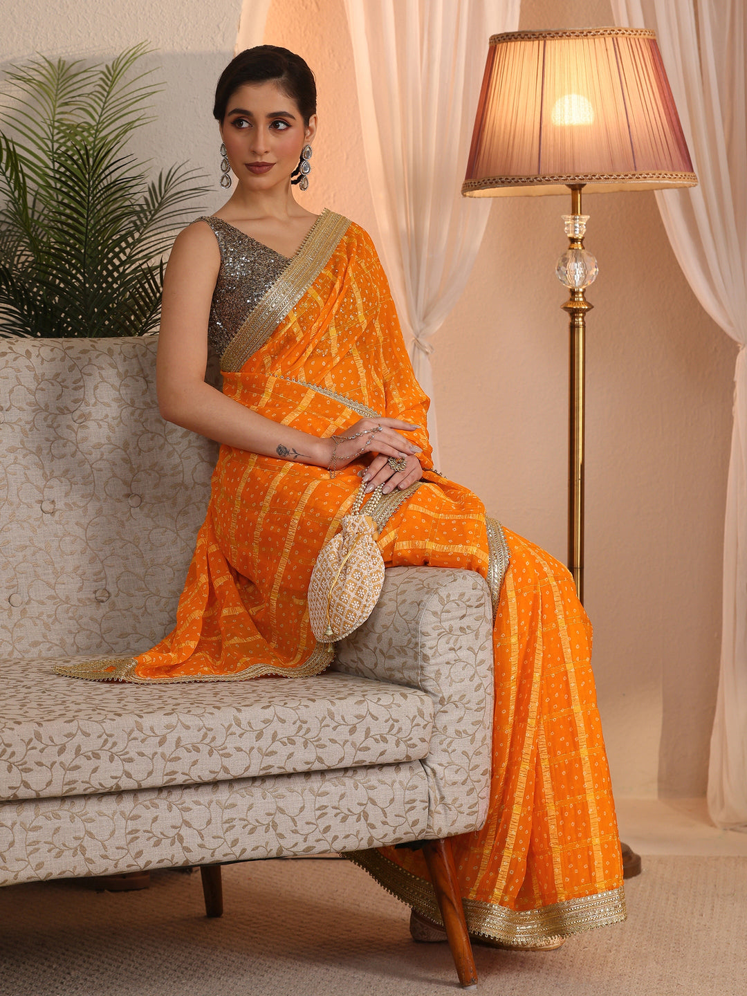 Libas Mustard Bandhani Printed Chiffon Saree with Gota Patti Border
