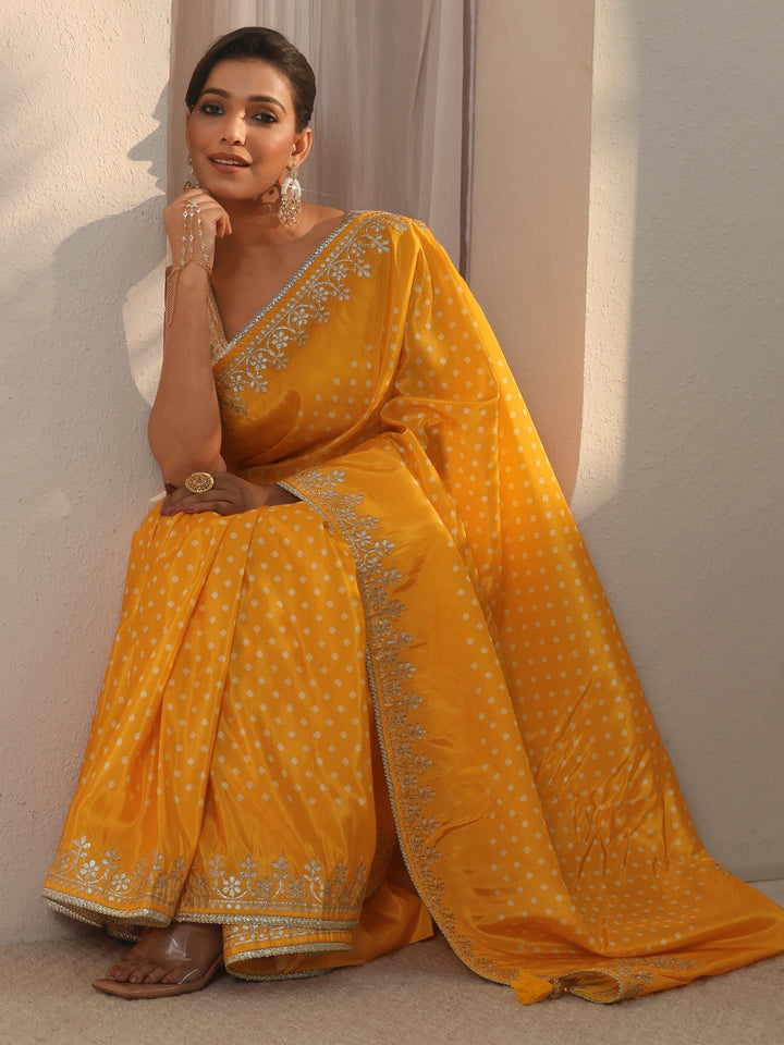 Libas Mustard Bandhani Printed Satin Saree with Embroidered Border