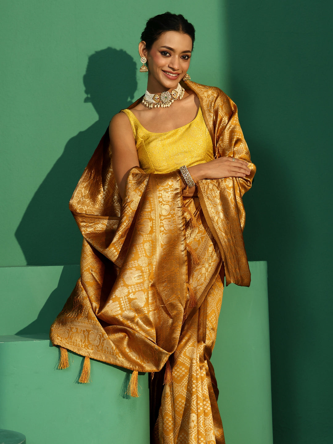 Libas Mustard Brocade Saree with Elephant Motifs