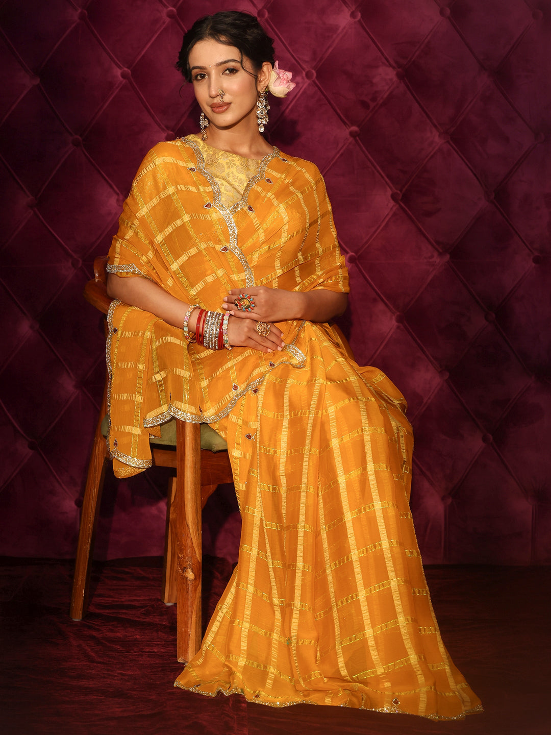 Libas Mustard Checkered Chiffon Saree with Embellished Scalloped Border