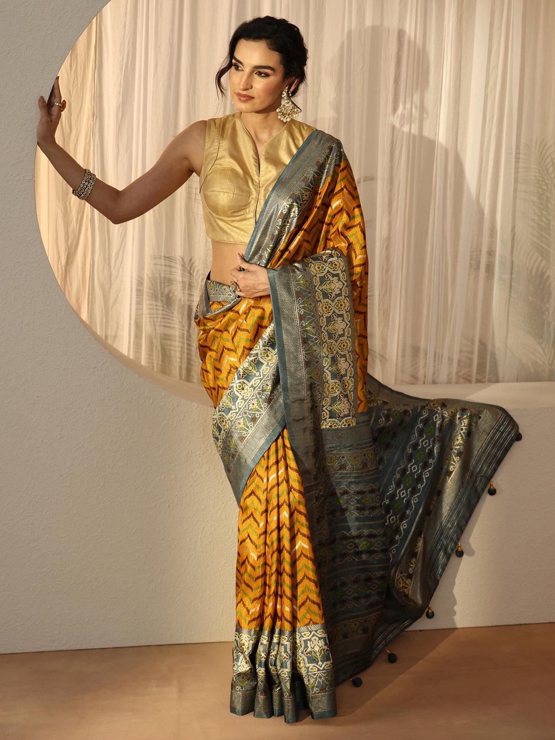 Libas Mustard Chevron Printed Silk Blend Saree