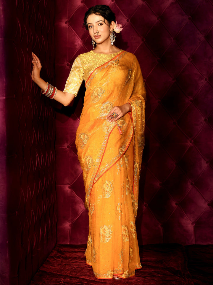 Libas Mustard Elephant Motif Printed Tissue Saree with Stone Work