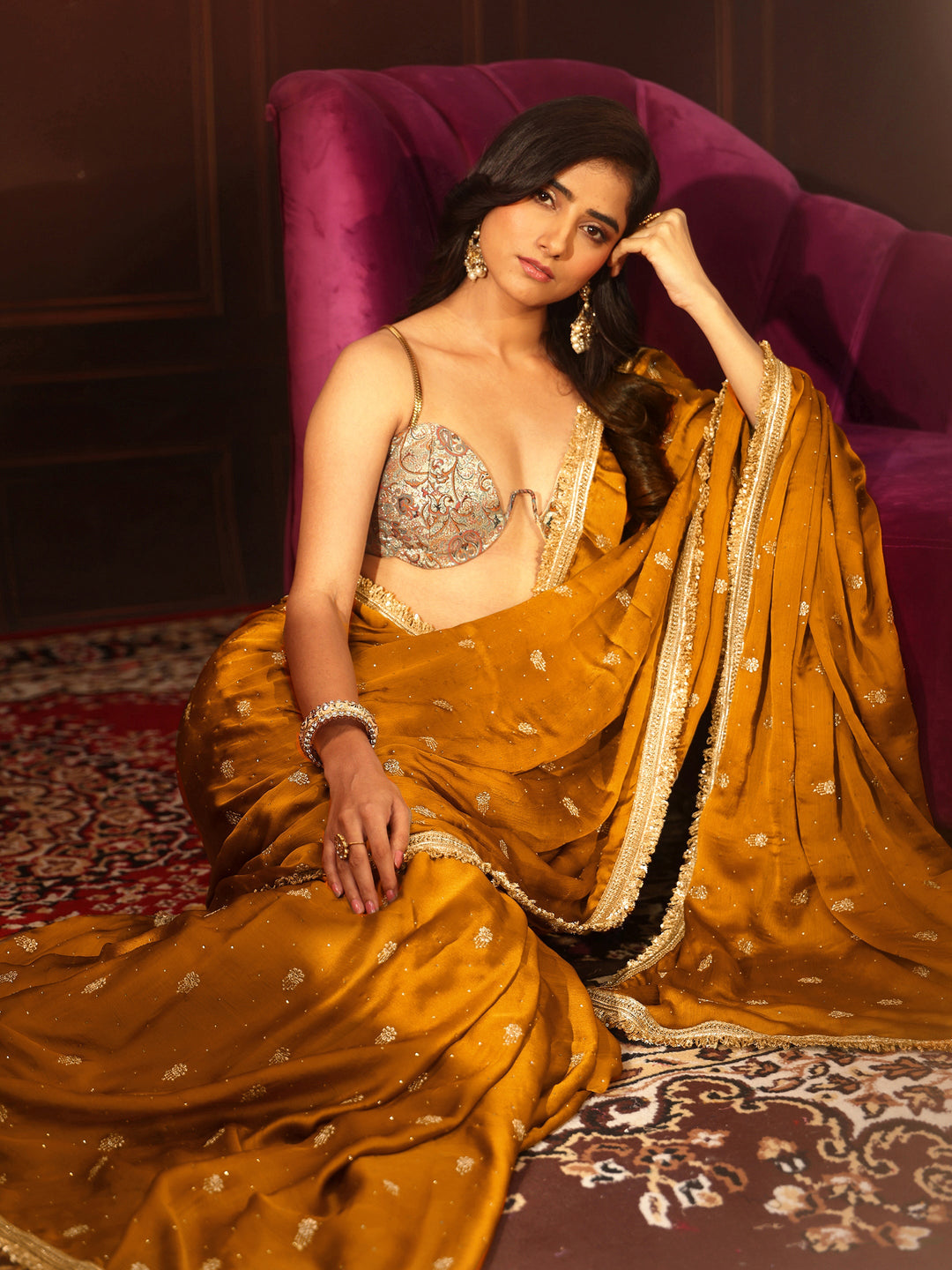 Libas Mustard Embellished Chinon Saree with Gota Border