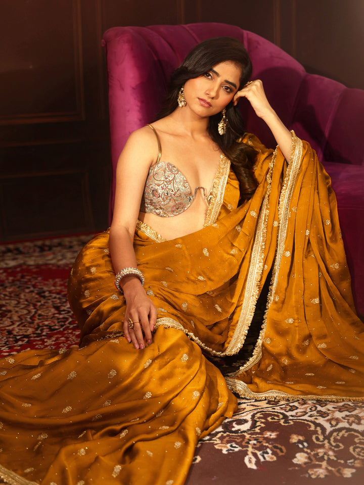 Libas Mustard Embellished Chinon Saree with Gota Border
