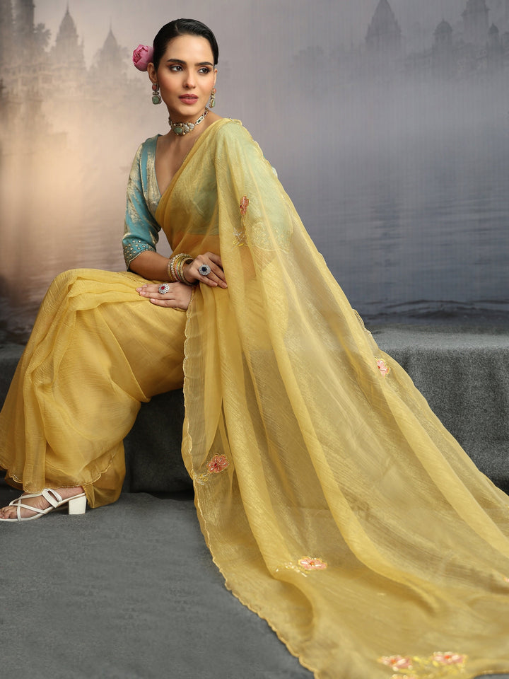 Libas Mustard Embellished Organza Saree with Applique Work