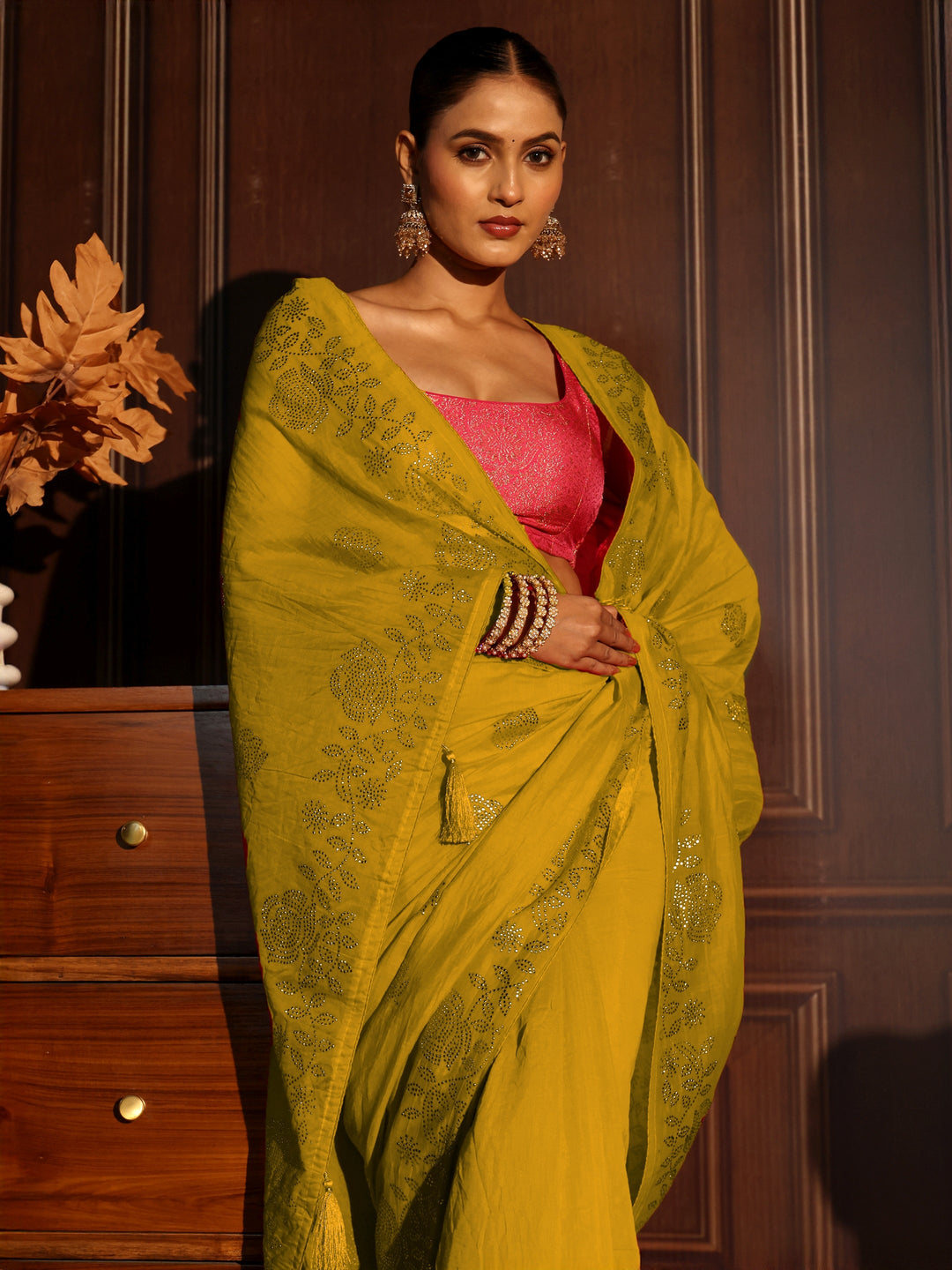 Libas Mustard Embellished Saree With Blouse Piece