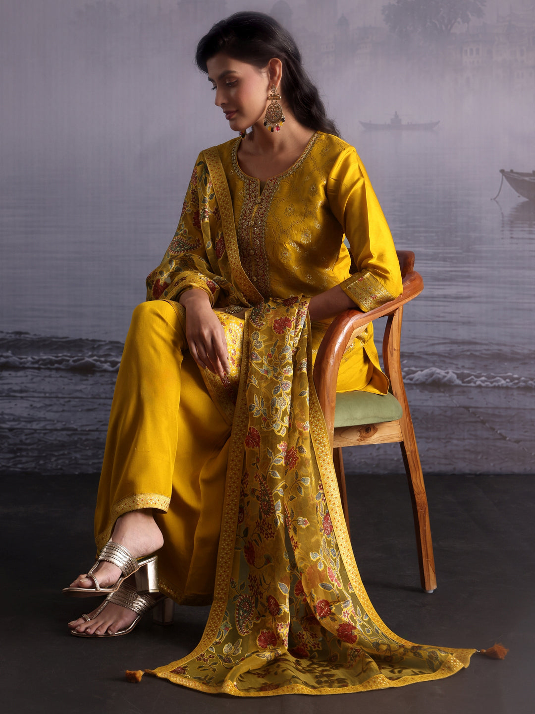 Libas Mustard Embellished Silk Blend Palazzo Suit Set