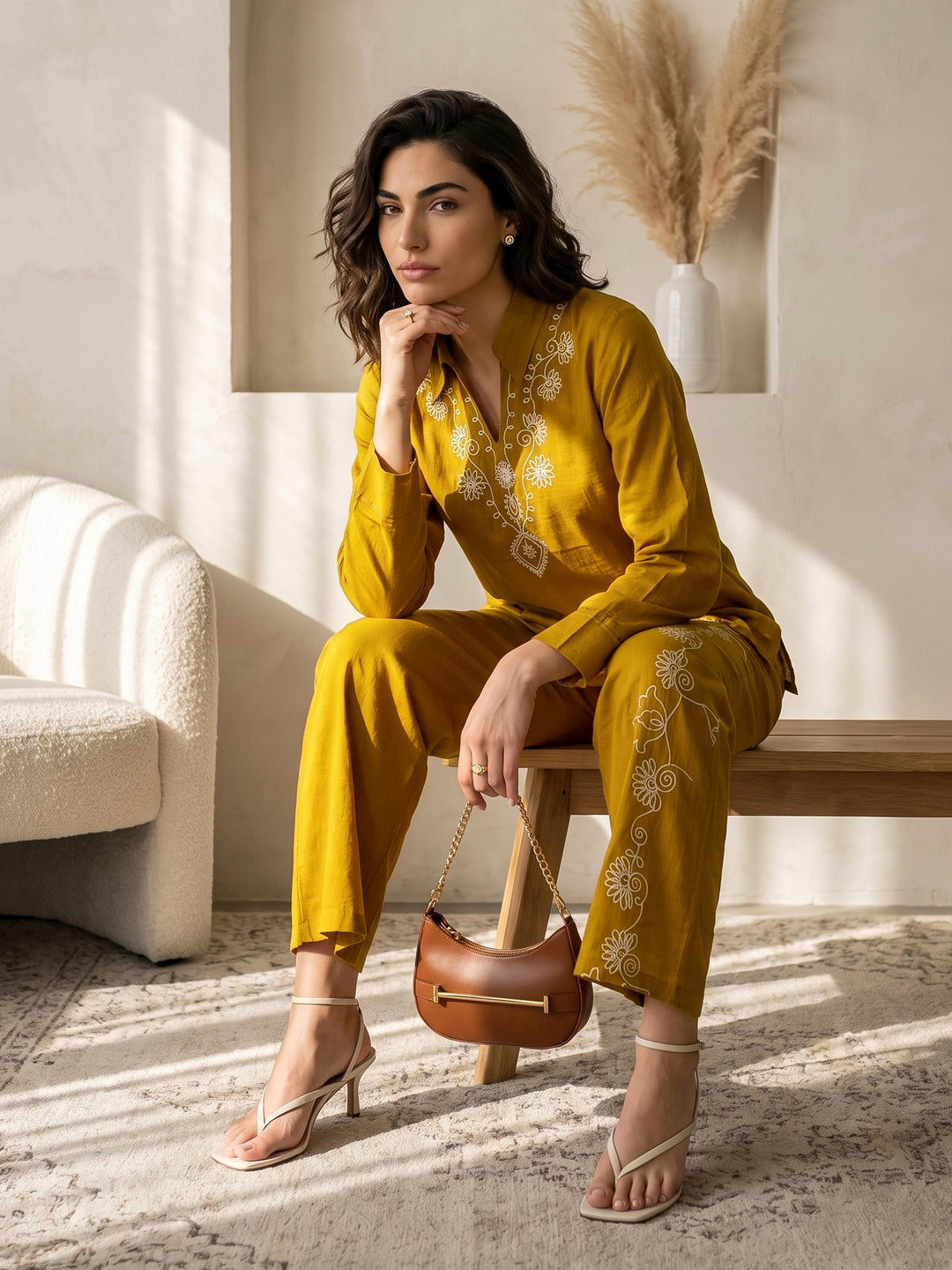 Libas Mustard Embroidered Cotton Blend Co-Ord Set