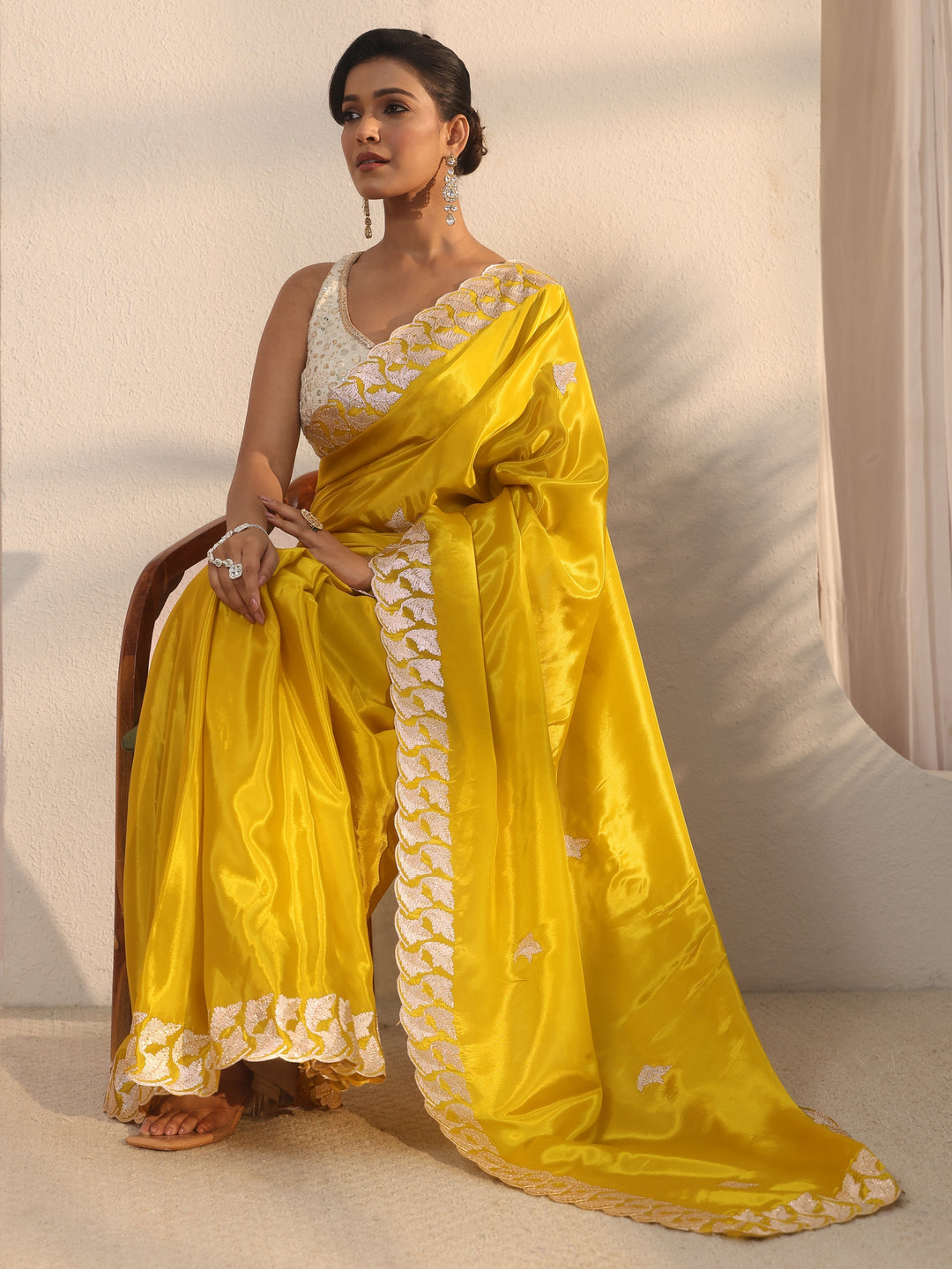 Libas Mustard Embroidered Satin Saree