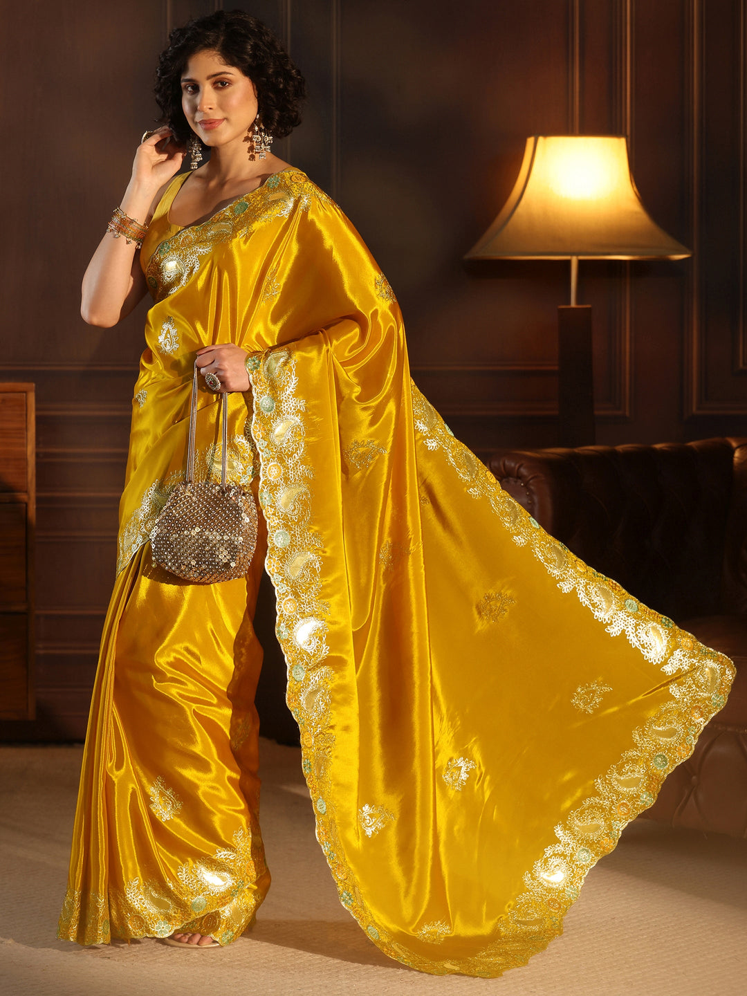 Libas Mustard Embroidered Satin Saree with Paisley Border
