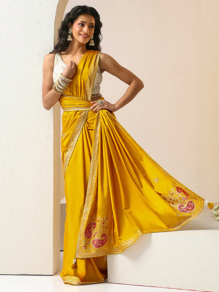 Libas Mustard Embroidered Silk Blend Saree