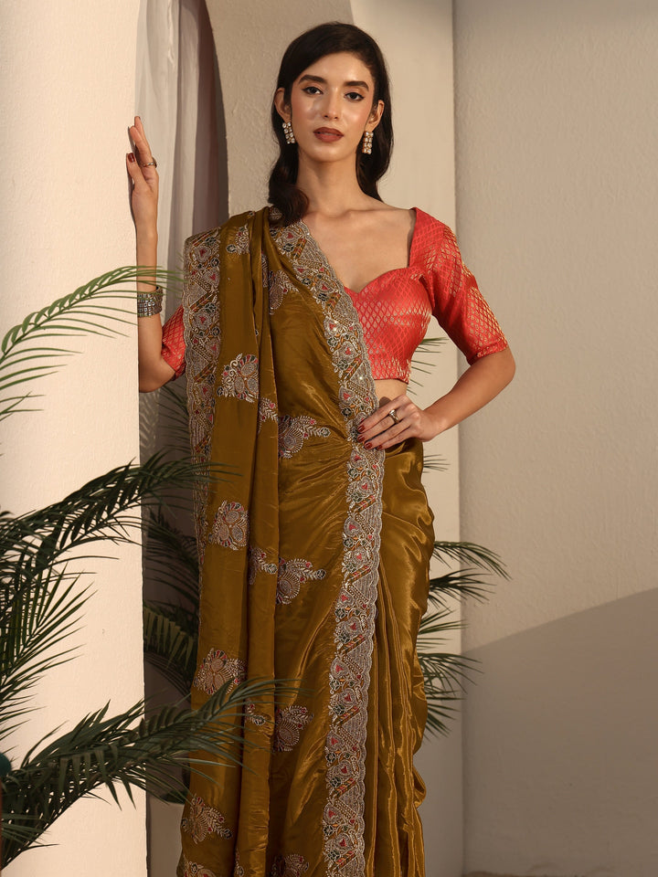 Libas Mustard Ethnic Embroidered Satin Saree