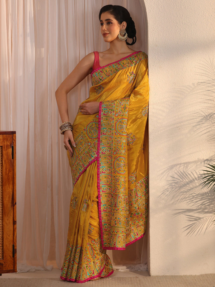 Libas Mustard Ethnic Embroidered Satin Saree