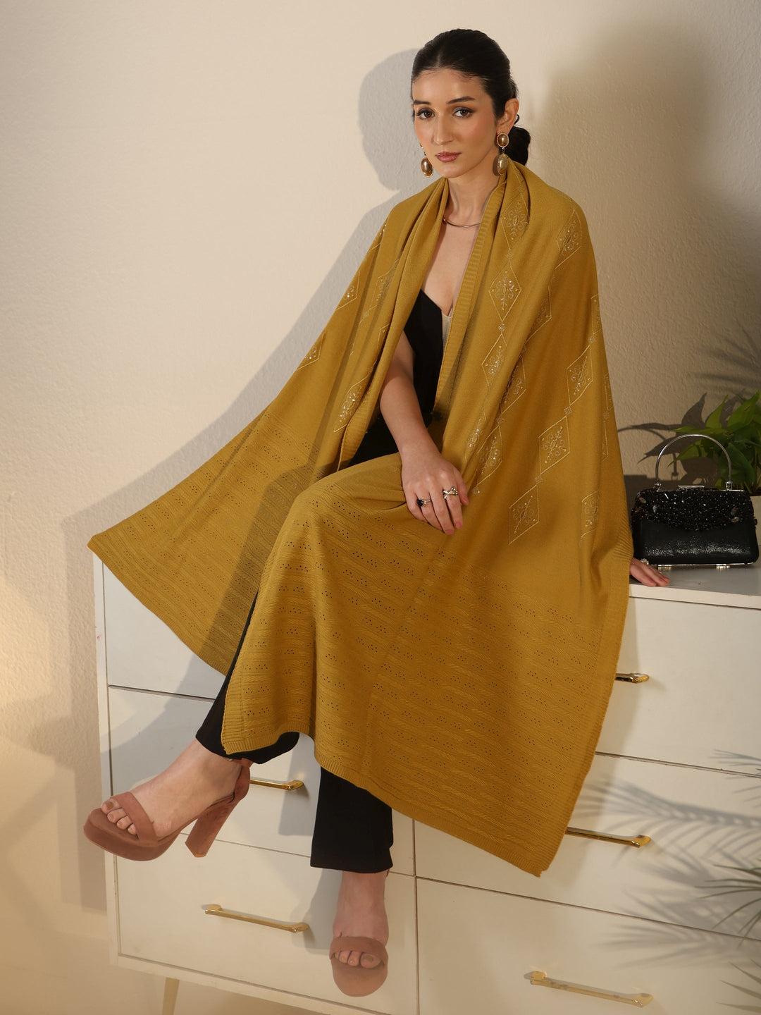 Libas Mustard Ethnic Knitted Acrylic Wrap Shawl