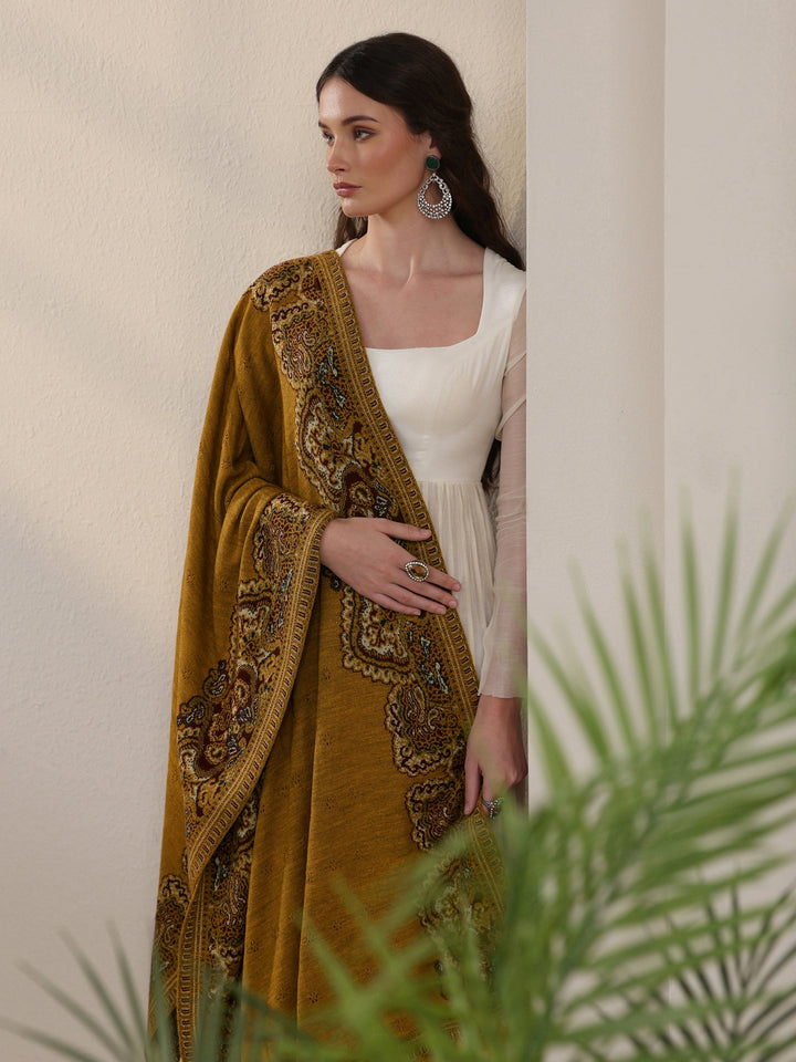 Libas Mustard Ethnic Mesh Knitted Acrylic Wrap Shawl