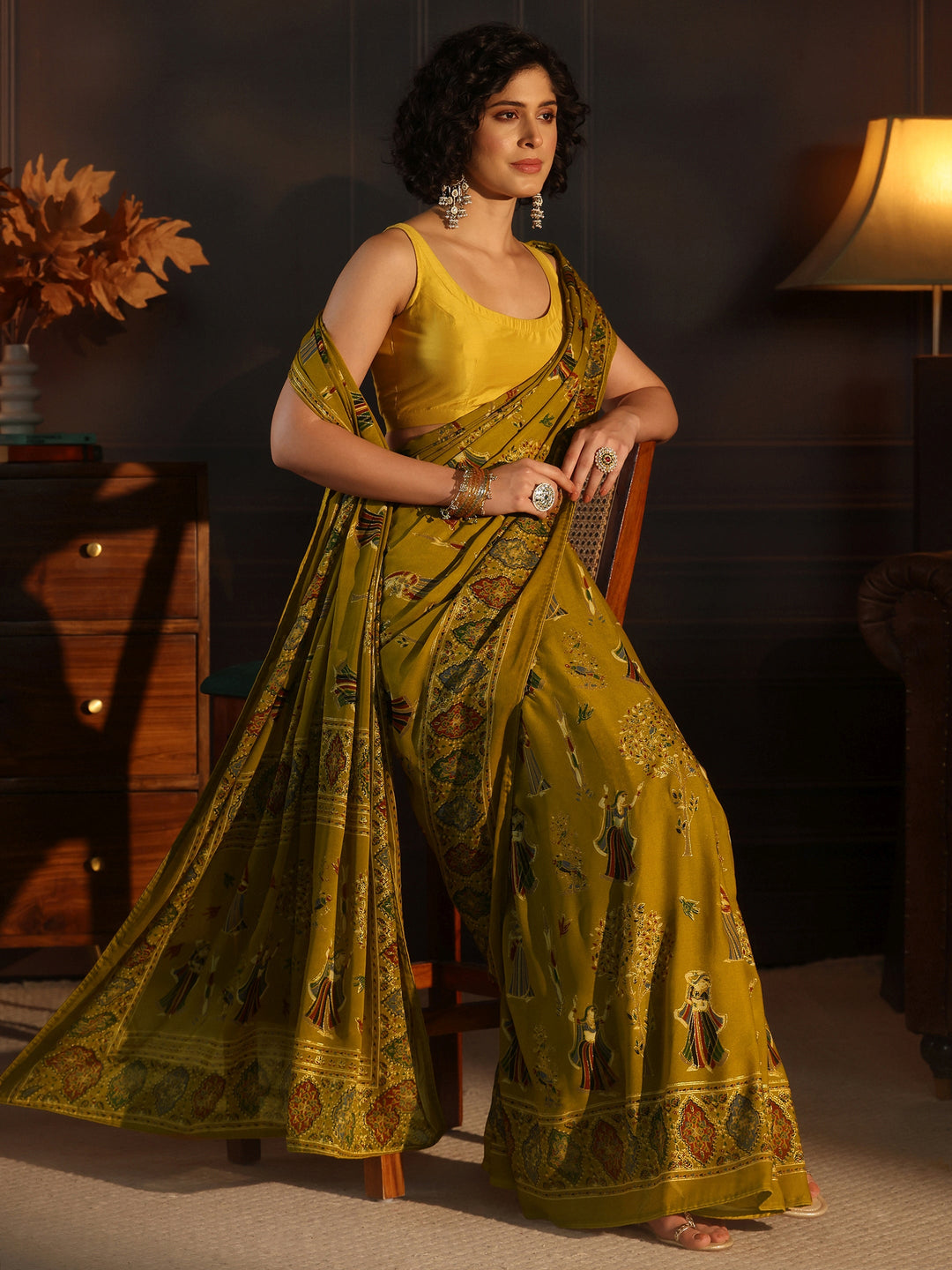 Libas Mustard Ethnic Printed Georgette Saree
