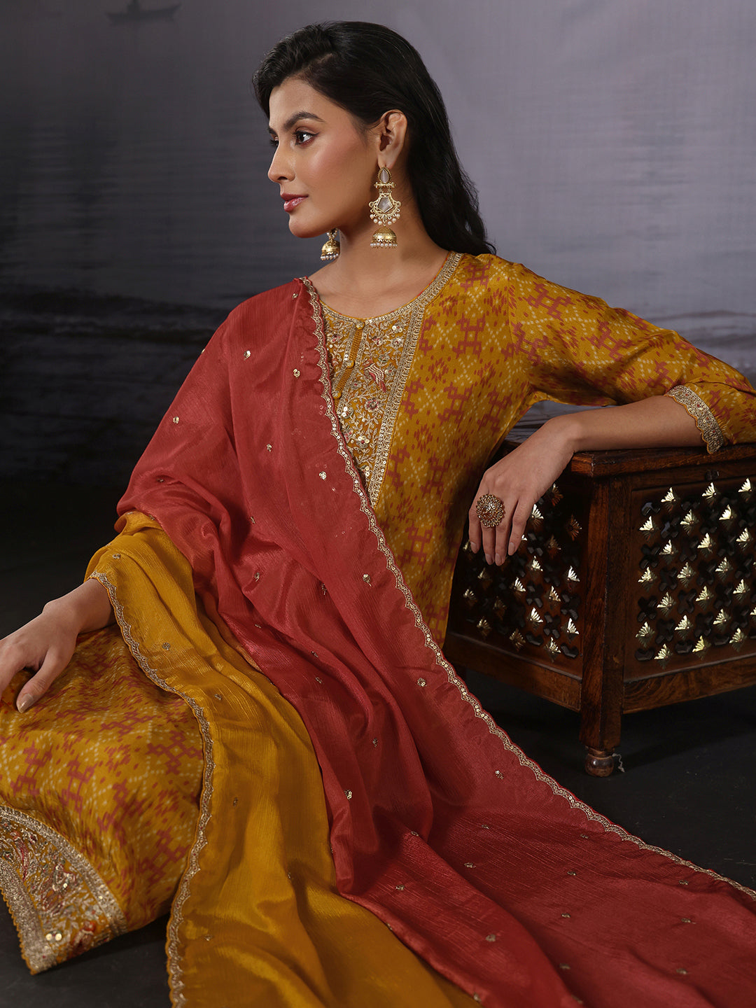 Libas Mustard Ethnic Printed Silk Blend Straight Suit Set