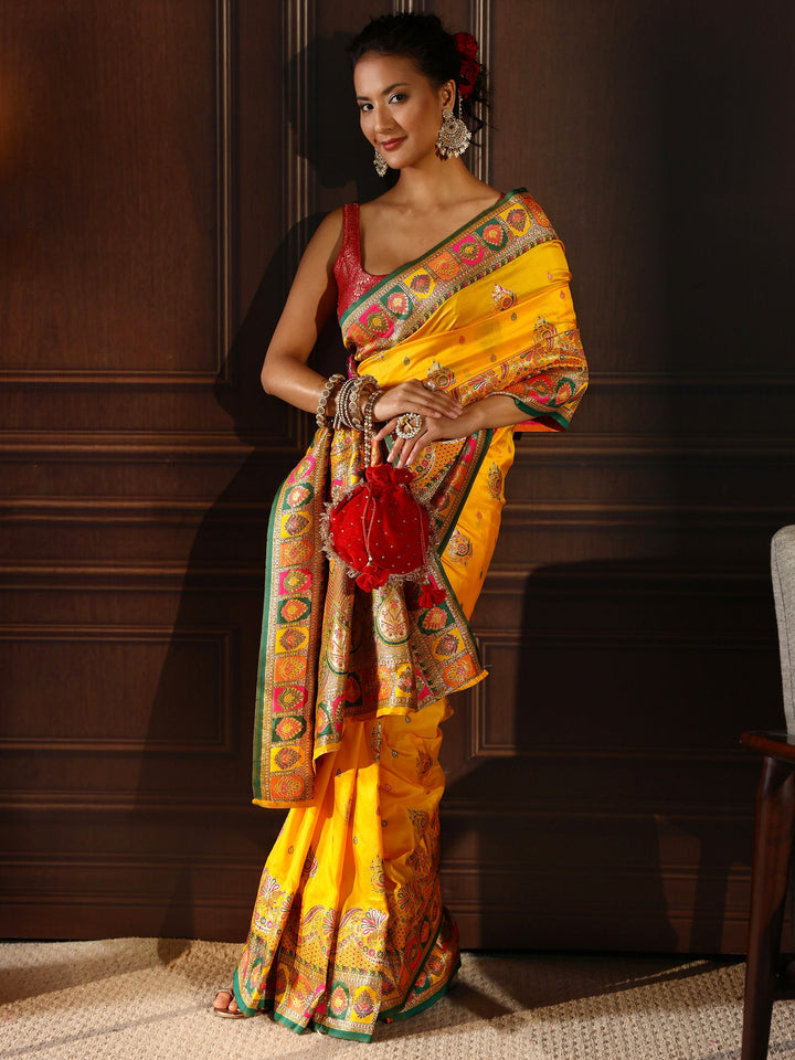 Libas Mustard Ethnic Woven Design Satin Saree